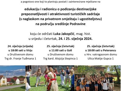 Edukacije i radionice za dionike u turizmu u Goli, Virju i Peterancu 24. i 25. siječnja 2024.